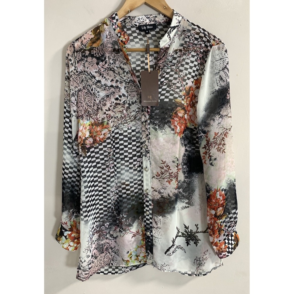 Melanie Lyne Lily Moss Floral Sheer Boho Peasant Top Shirt Women's Small NWT